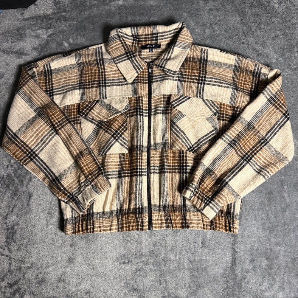 Womens Large Plaid Bomber Jacket Tan Brown Cream Zip Up Cropped Flannel Neutral